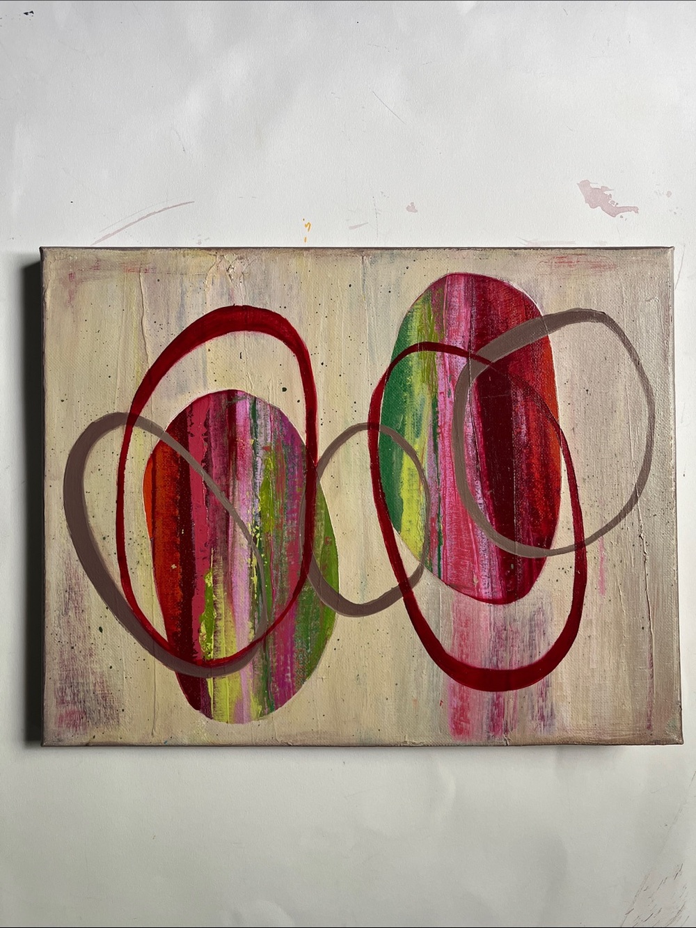 Abstract Oval Loop Canvas Art in Red, Pink, Green | Original Acrylic Painting